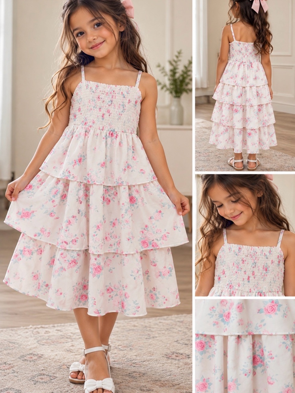 Amazon Pink & White Floral Tiered Smocked Sundress for Girls